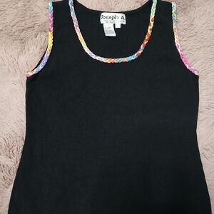 Joseph A. Black Knit Sleeveless Tank Top Rainbow Braided Trim Viscose Nylon L